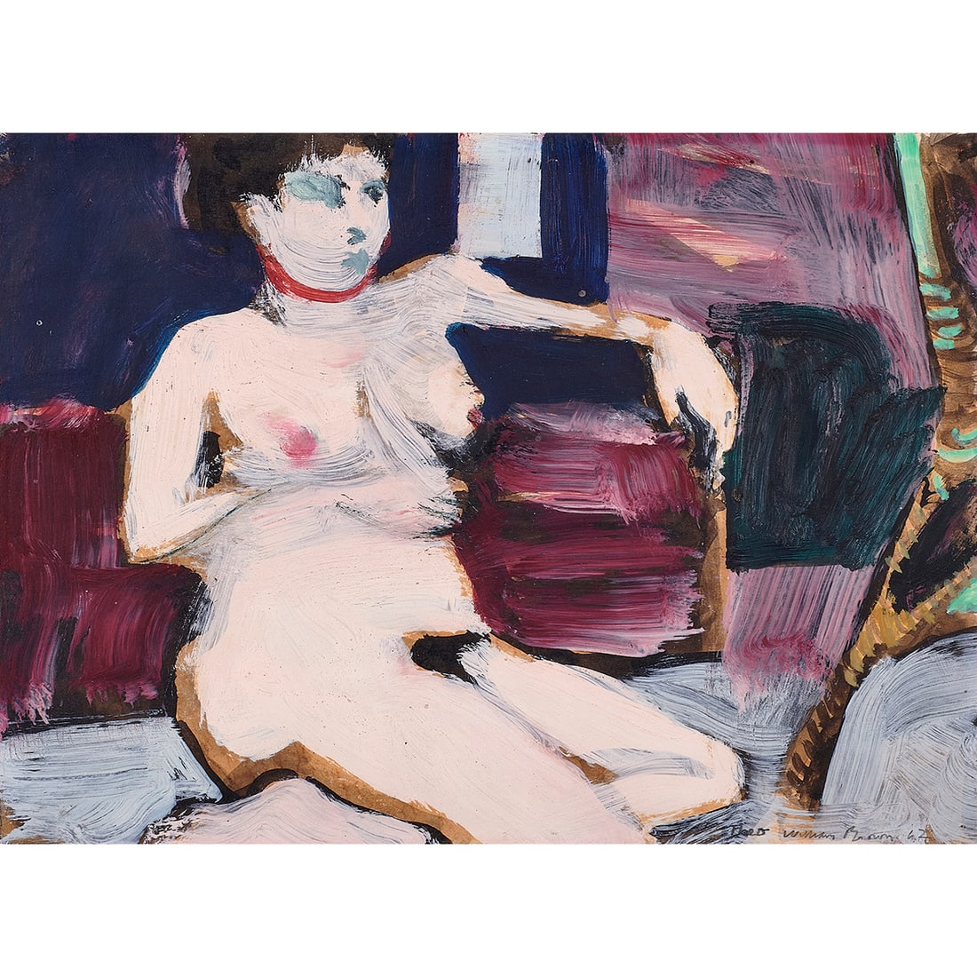 Work on paper, William Theophilus Brown: William Theophilus Brown (American, 1919-2012), "Nude Against Red Couch," 1962, oil on paper, signed and dated lower right, sheet: 8.5"h x 11"w, overall (with frame): 12"h x 14.25"w. Provenance: Hacke