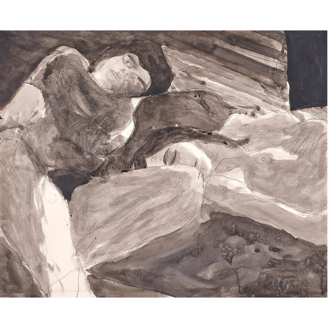Work on paper, Nathan Oliveira: Nathan Oliveira (American, 1928-2010), Sleeping Female Nude, 1966, watercolor and graphite on paper, signed and dated lower right, sight: 15.5"h x 19.25"w, overall (with frame): 22.25"h x 26.25"w