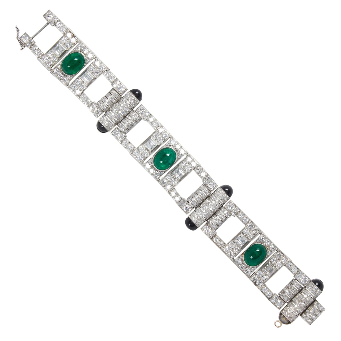 An emerald, diamond, chalcedony and platinum bracelet