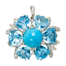 A turquoise, topaz, diamond and 18k white gold pendant