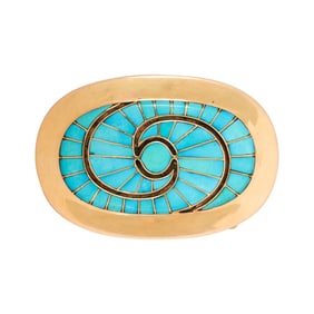 An Amy Quandelacy, Zuni turquoise and 18k gold belt buckle