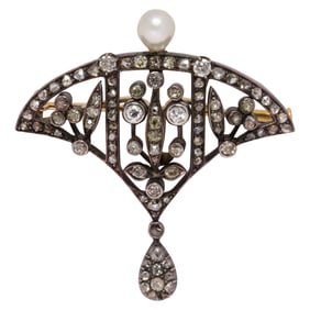 A diamond, pearl silver topped 14k gold brooch