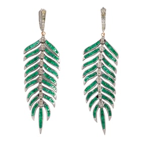 A pair of emerald, diamond and silver earrings
