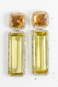 A pair of lemon quartz, citrine, diamond, silver and 14k gold earrings