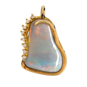 A boulder opal, diamond and 14k gold pendant
