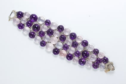 A rose quartz, amethyst, diamond and silver bracelet