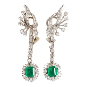 A pair of emerald, diamond and 14k white gold earrings
