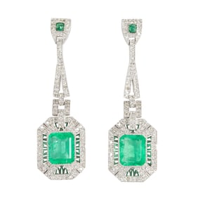 A pair of emerald, diamond and platinum earrings