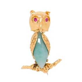 A jadeite, ruby and 18k gold owl brooch