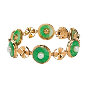 A jade, cultured pearl and 14k gold disc bracelet