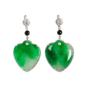 A pair of jade, diamond, onyx and 18k white gold earrings