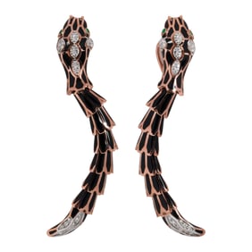 Alexis NY, A pair of black enamel, diamond and emerald dragon earrings