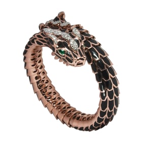 A diamond, emerald, black enamel and 18k gold-plated silver dragon bracelet, Alexis NY