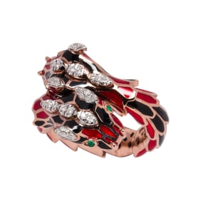 A diamond, emerald, red enamel and 18k gold-plated silver dragon ring, Alexis NY