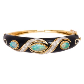 An opal, black enamel, diamond and 18k gold bangle bracelet