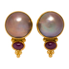 A pair of Mabe pearl, ruby and 22k gold