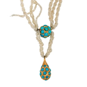 A seed pearl, turquoise and gold necklace