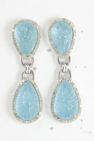 A pair of aquamarine, diamond and silver pendant earrings