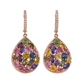 A pair of multi-color sapphire, diamond and 14k rose gold earrings