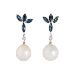 A pair of South Sea pearl, sapphire and 14k white gold earrings