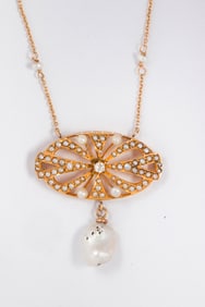 An antique pearl, diamond and 14k gold necklace