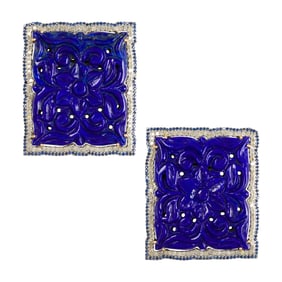 A pair of lapis lazuli, sapphire, diamond and silver earrings