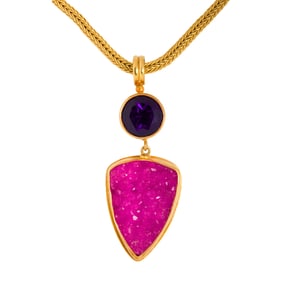 A geode, amethyst and 22k gold necklace