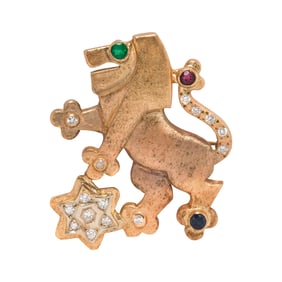 A gem-set and 14k gold Lion of Judah brooch