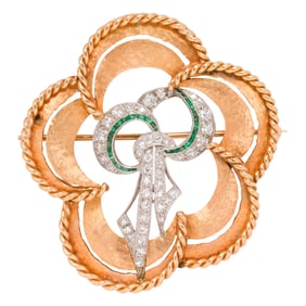 A diamond, emerald, platinum and 14k gold brooch