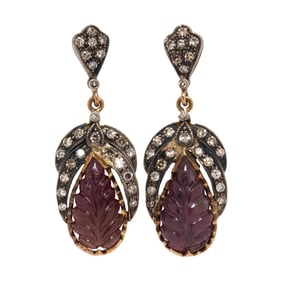 A pair of tourmaline, diamond, and silver-topped 14k gold earrings