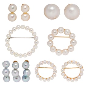 A group of cultured pearl and 14k jewelry