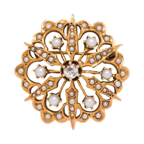 A seed pearl, diamond and 14k gold brooch