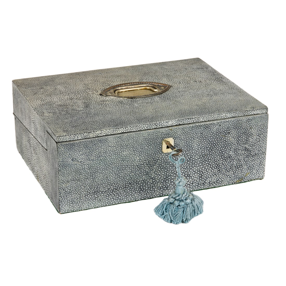 An English shagreen covered lap desk: An English shagreen covered lap desk, first half 20th century, the box with silver plated inset handle, opening to fitted interior with leather lined writing slope, 4.5"h x 12"w x 9"d