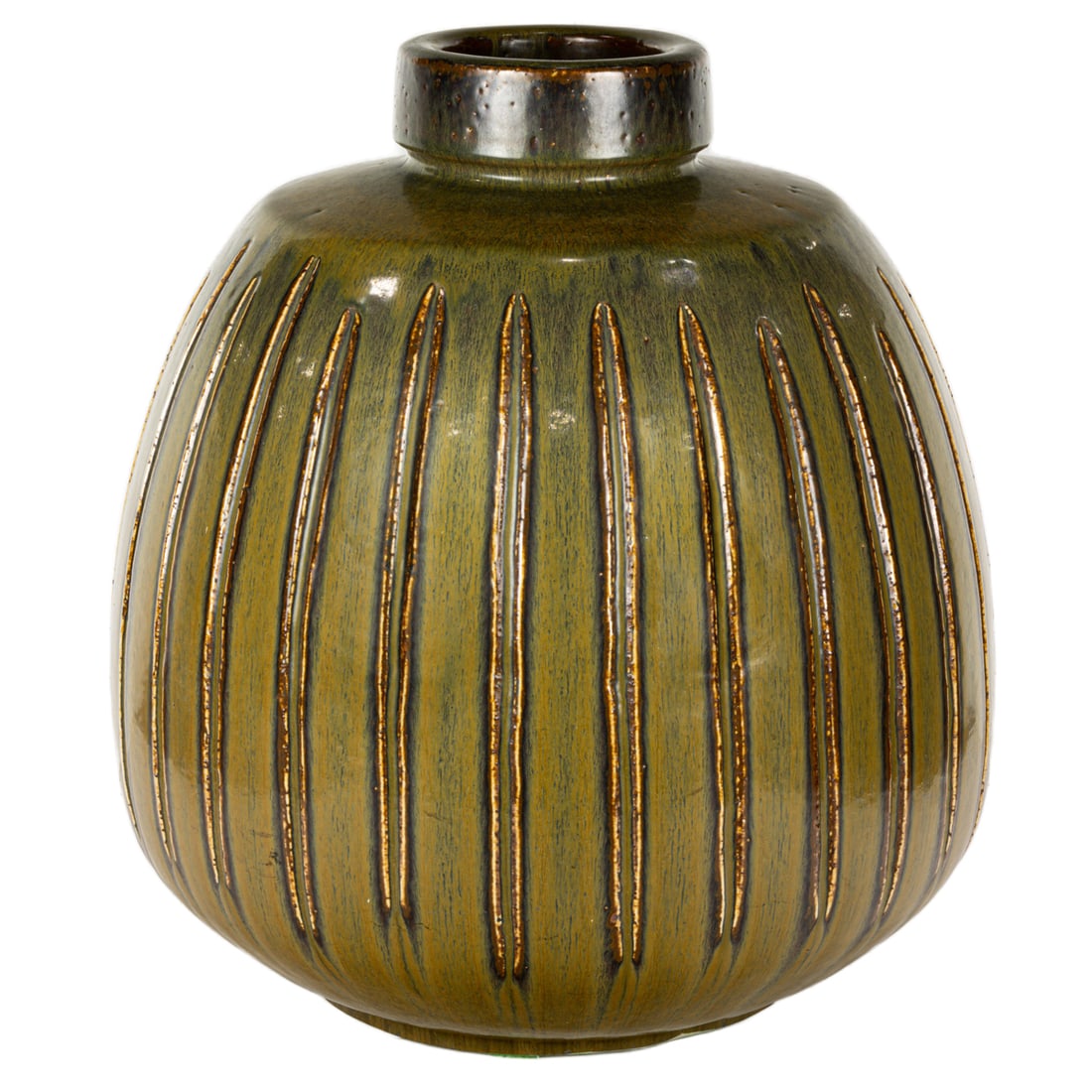 A large Eva Staehr-Nielsen for Saxbo pottery vase: A large Eva Staehr-Nielsen for Saxbo pottery vase, decorated with vertical flutes, impressed factory mark and incised signature, 17"h