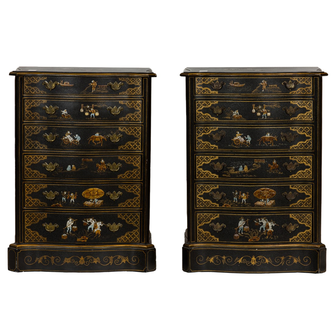 A pair of Maitland Smith 'japanned' dressers: A pair of Maitland Smith 'japanned' dressers, fashioned in the Georgian taste, each six drawer case with an outset shaped top, each drawer painted with scenes from rural life, rising on plinth base, M