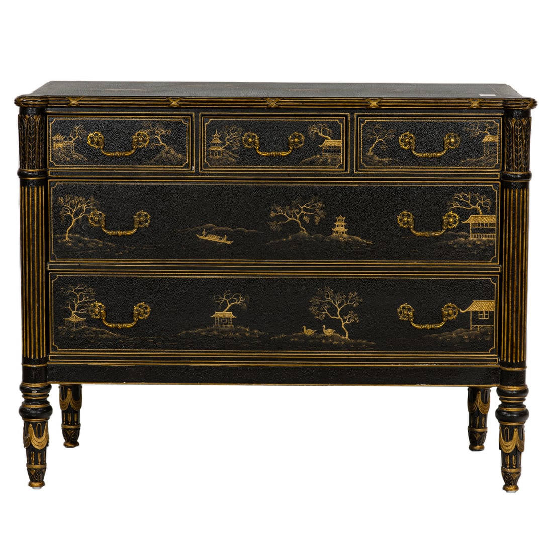 A Maitland Smith 'japanned' dresser, fashioned in Napoleon III style: A Maitland Smith 'japanned' dresser, fashioned in Napoleon III style, consisting of three side by side over two long drawers, each drawer and sides painted with gilt landscape scenes with a rocky prec