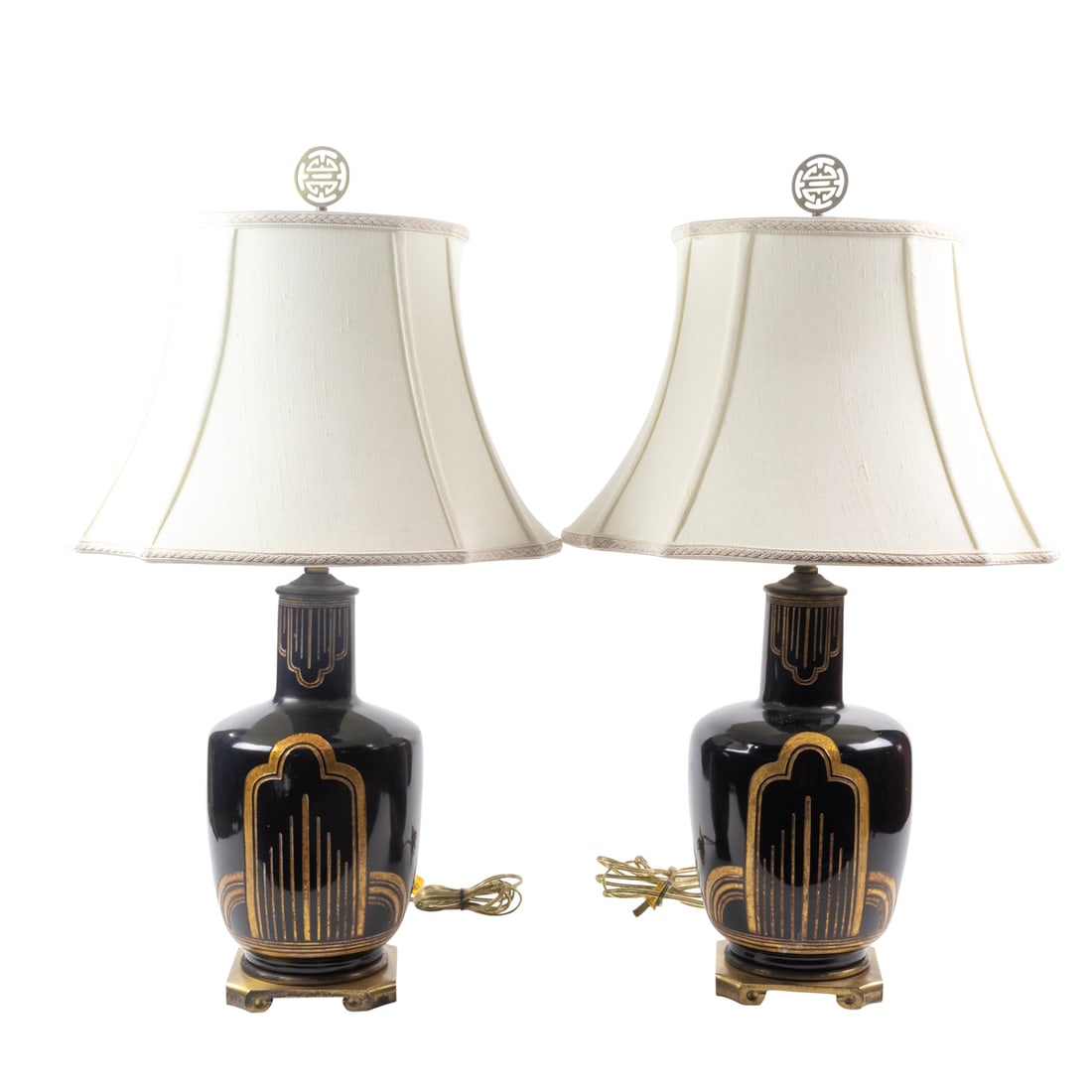 A pair of Maitland Smith Art Deco style parcel gilt ceramic table lamps: A pair of Maitland Smith Art Deco style parcel gilt ceramic table lamps, marked on base with retailer labels, 27"h (overall), 18"h (excluding electrical fittings)