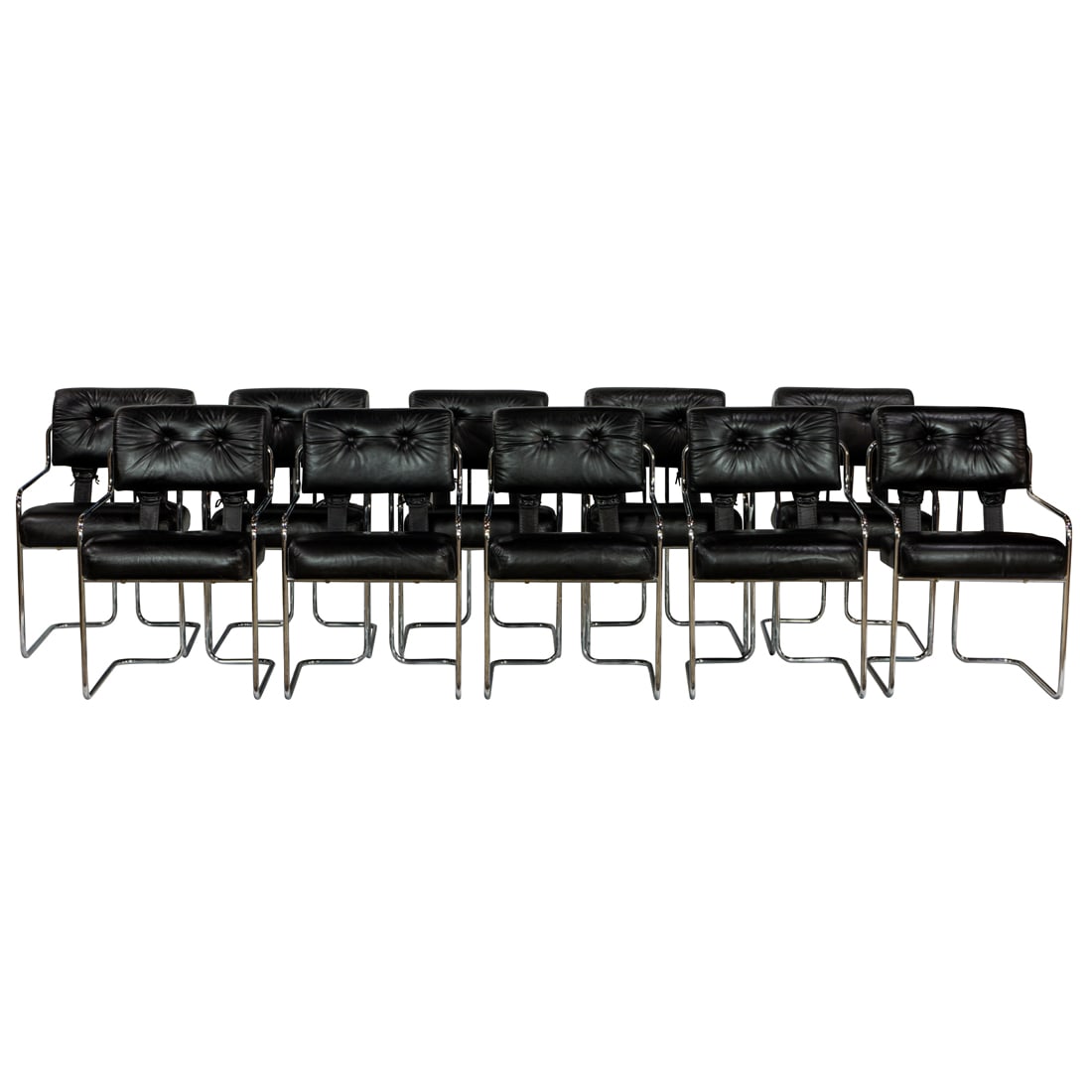 A set of ten Guido Faleschini black leather and chrome dining chairs: A set of ten Guido Faleschini black leather and chrome dining chairs, Italy, chrome and upholstery marked in 'Made in Italy', 32"h x 20.75"w x 24"d