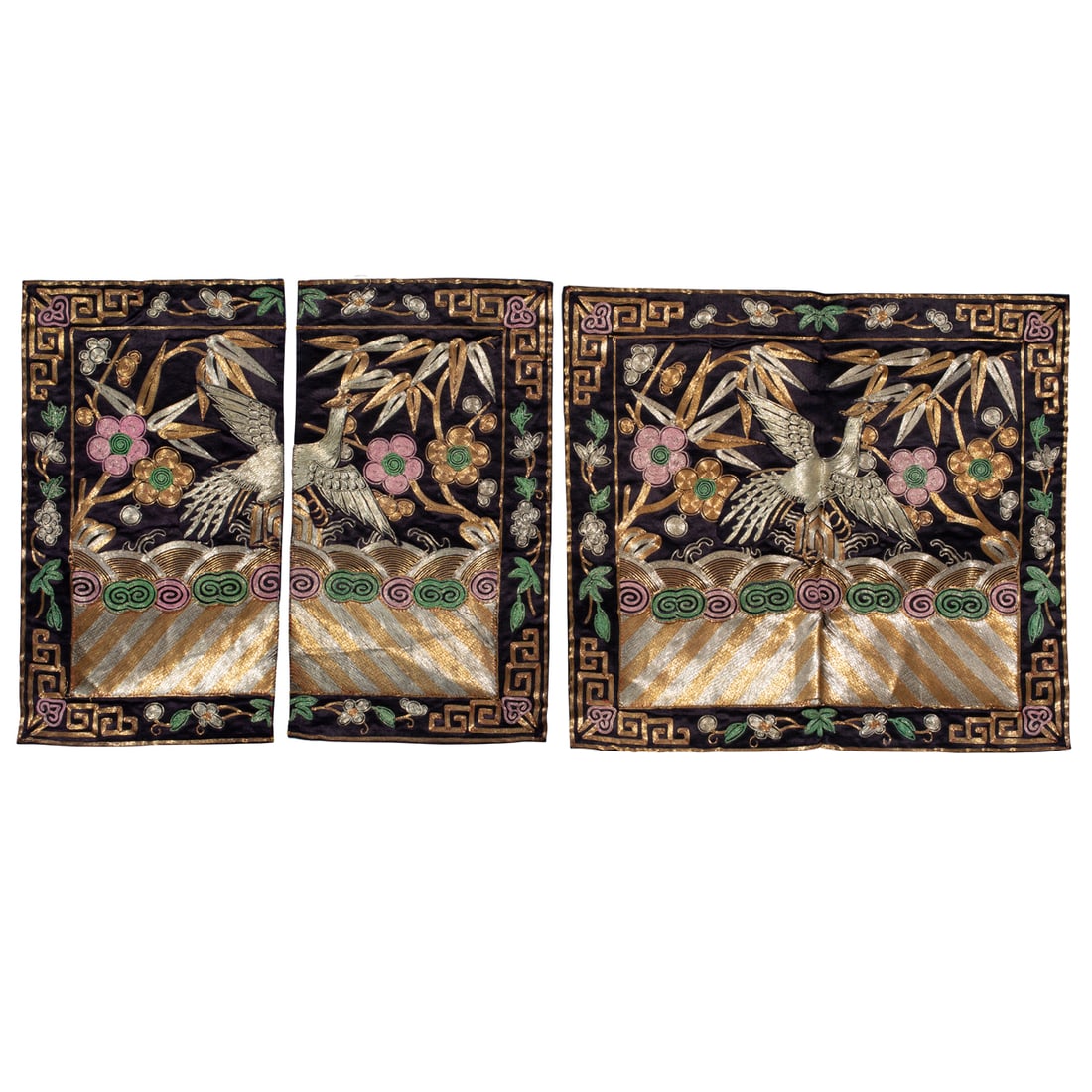 Pair of Chinese embroidered rank badges: Pair of Chinese embroidered rank badges. Featuring a silver phoenix again black ground, Late Qing Dynasty, 10.25"h x 12"w.