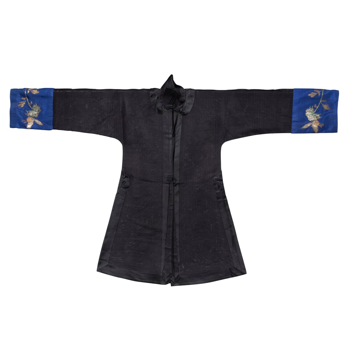 Chinese woven black-ground lady's summer robe: Chinese woven black-ground lady's summer robe. With blue-ground sleeve bands decorated with butterflies and peony, Late Qing Dynasty, 34.5"h x 54"w.
