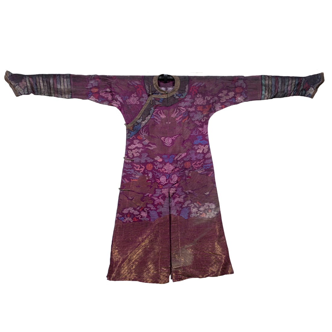 Chinese purple-ground gauze and gilt-thread 'dragon' robe: Chinese purple-ground gauze and gilt-thread 'dragon' robe. Of summer silk gauze and woven with nine gilt five-clawed dragons and flaming pearls amongst ruyi scrolls, cranes and auspicious objects, all