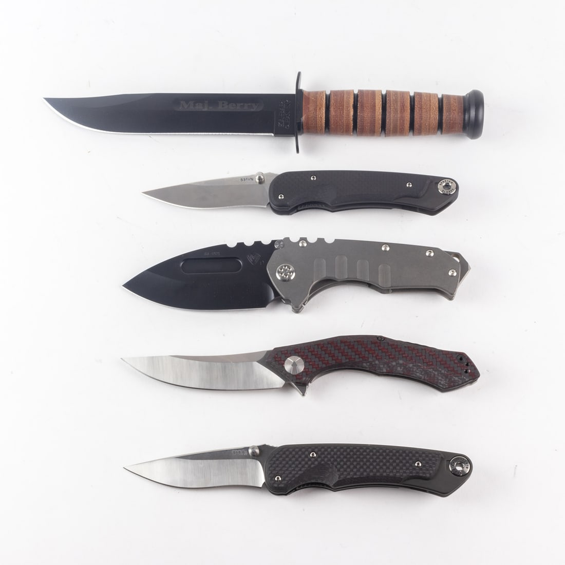 Five contemporary outdoor, utility and sporting knives in original boxes or cases, including Boker (1 of 2)