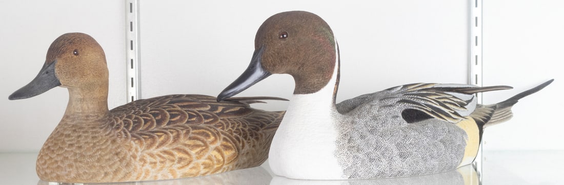 A pair of Jean Imbert and Will Smithers painted wood duck decoys of female and male Northern (1 of 2)