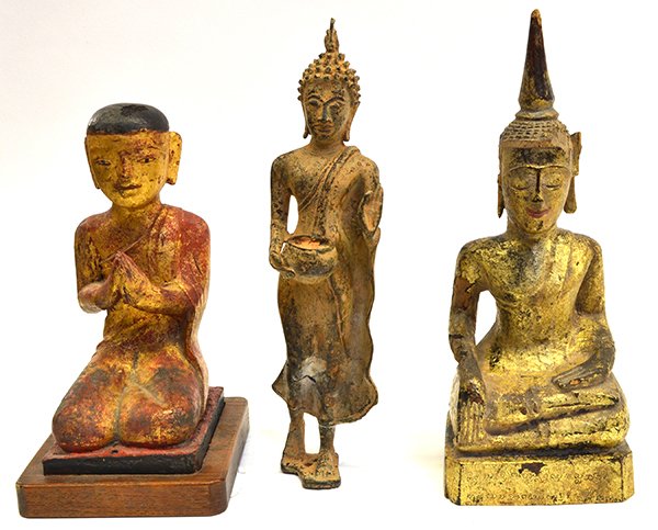 Southeast Asian Buddhist Figures: (Lot of 3) Group of Southeast Asian Buddhist figures, consisting of a Laotian gilt wood seated Buddha in bhumisparsha; a gilt and lacquered wood figure of a monk; together with a Sukhothai-style metal