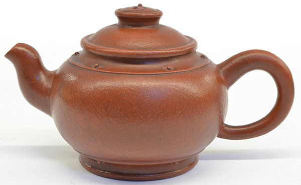 Chinese Yixing Tea Pot: Chinese Yixing ceramic tea pot, of compressed globular form with small raised bosses to the shoulder, the recessed base incised 'Chen Wenbo', together with a lid with a taiji finial, 7''w