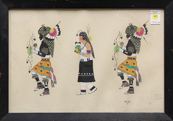 Gouache by Ben Pena: Framed gouache, Three Indian Figures, signed ''Ben Pena'' lower right, 20th century, overall: 15''h x 21.75''w