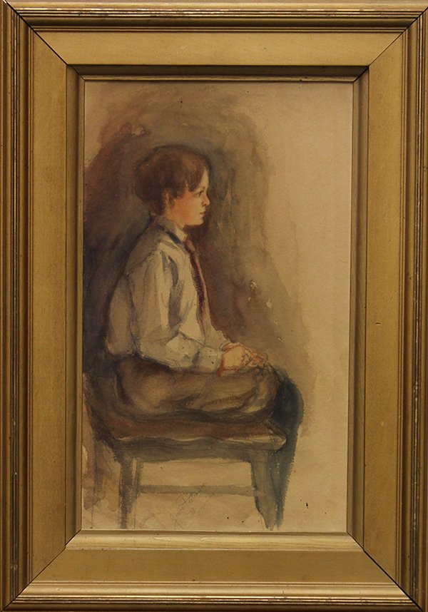 Watercolor, Grace Putnam, Young Boy: Framed watercolor, Young Boy, 1908, by Grace Putnam (Californian, 1877-1947), signed and dated lower center, overall: 19.5''h x 13.5''w
