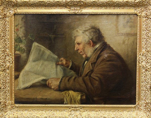 Painting, British, Gentleman Reading: Framed oil on canvas, Gentleman Reading Newspaper, British school, 19th century, overall: 23.5''h x 29.5''w