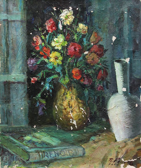 Paintings, Raphael Pricert, Edgar Stobel, Florals: (Lot of 2) Unframed (stretched) oils on canvas, Still Life with Renoir Book, by Raphael Pricert (French, 1903-1967), signed lower right, and ''The Earth Pushes its Spray,'' by Edgar Stoebel (French, 1