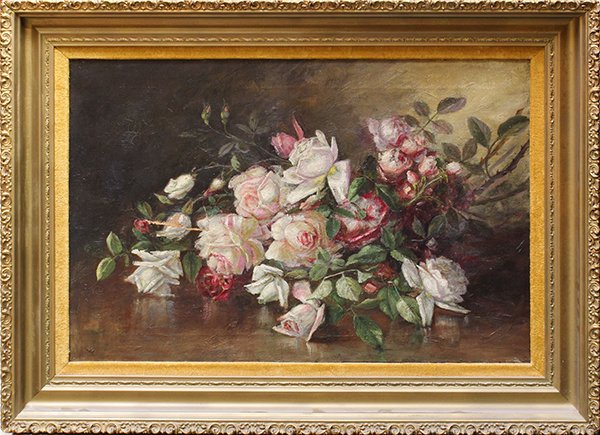 Painting, Rose Bouquet, Continental: Framed oil on canvas, Still Life With Roses, Continental School, late 19th century, overall: 27''h x 37''w